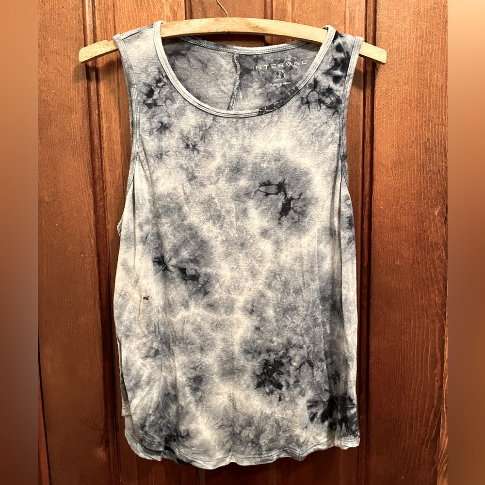 “Interval” Blue and White Tie-dye Tank Top. Slightly Open Backside. Size Large.